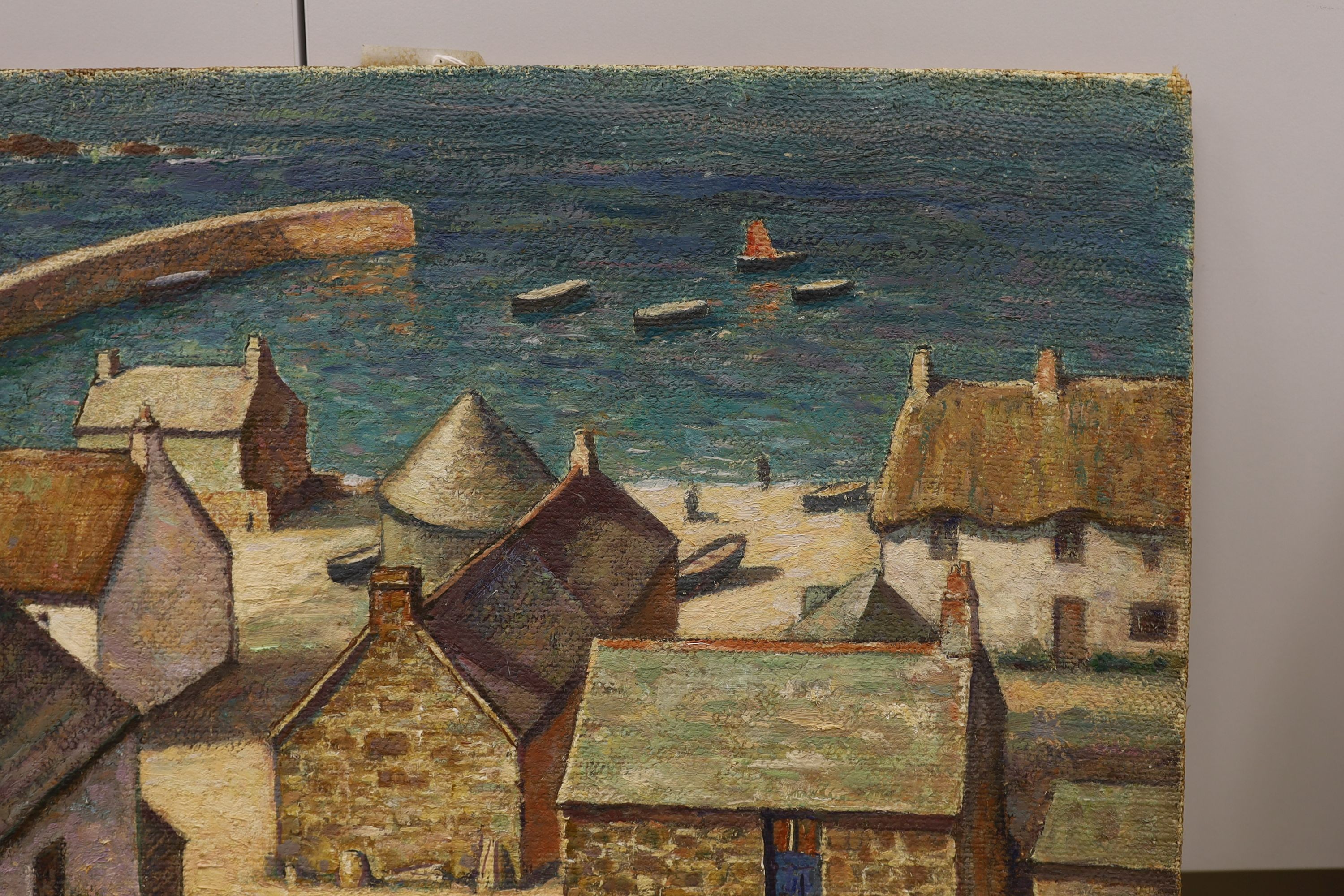 Early 20th century Continental School, oil on canvas, View of a fishing village, 51 x 61cm, unframed